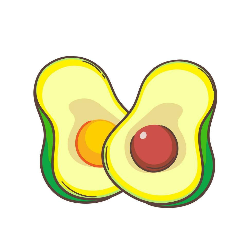 Cute slice of avocado cartoon. Hand drawn fruit concept icon design. Isolated white background. Flat vector illustration.