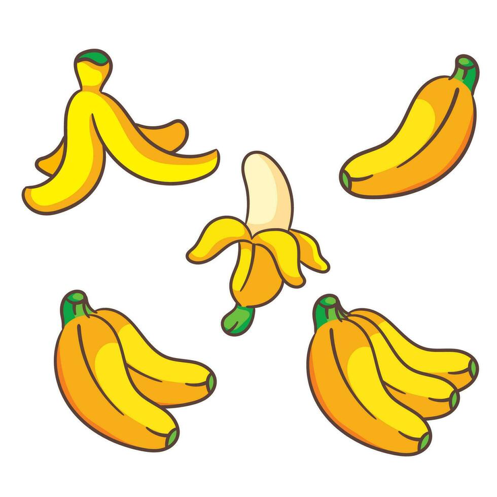 Set of banana cartoon vector illustration. Fruit and food concept design Flat style. isolated white background. Clip art icon design collection.