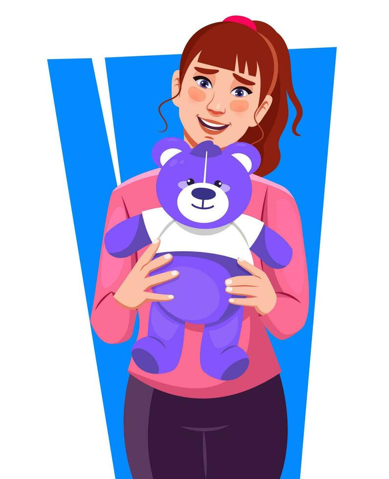 Front view of young cheerful female hugging teddy bear posing and smiling vector