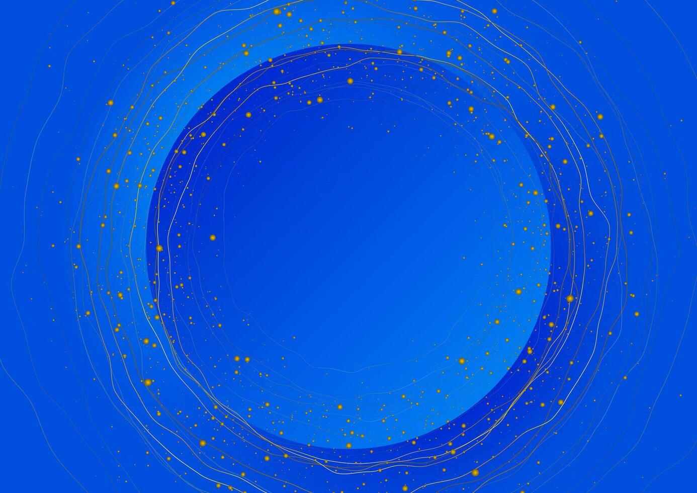 Blue circle with golden wavy lines and shiny dots abstract background vector
