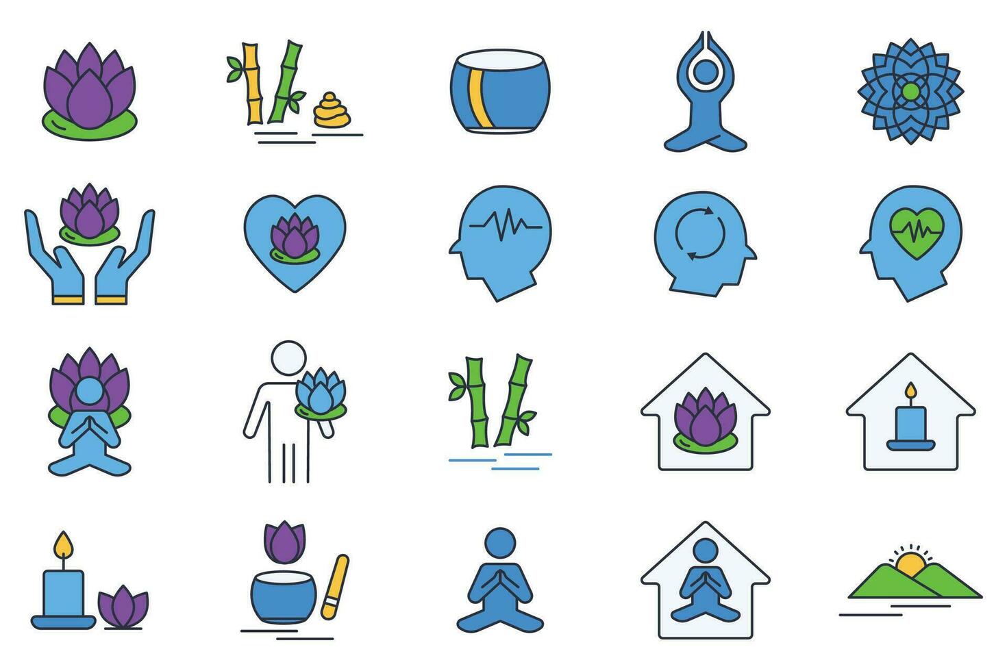meditation icon set. lotus flower, yoga, meditation, mandala, zen garden, mental, etc. flat line icon style design. simple vector design editable