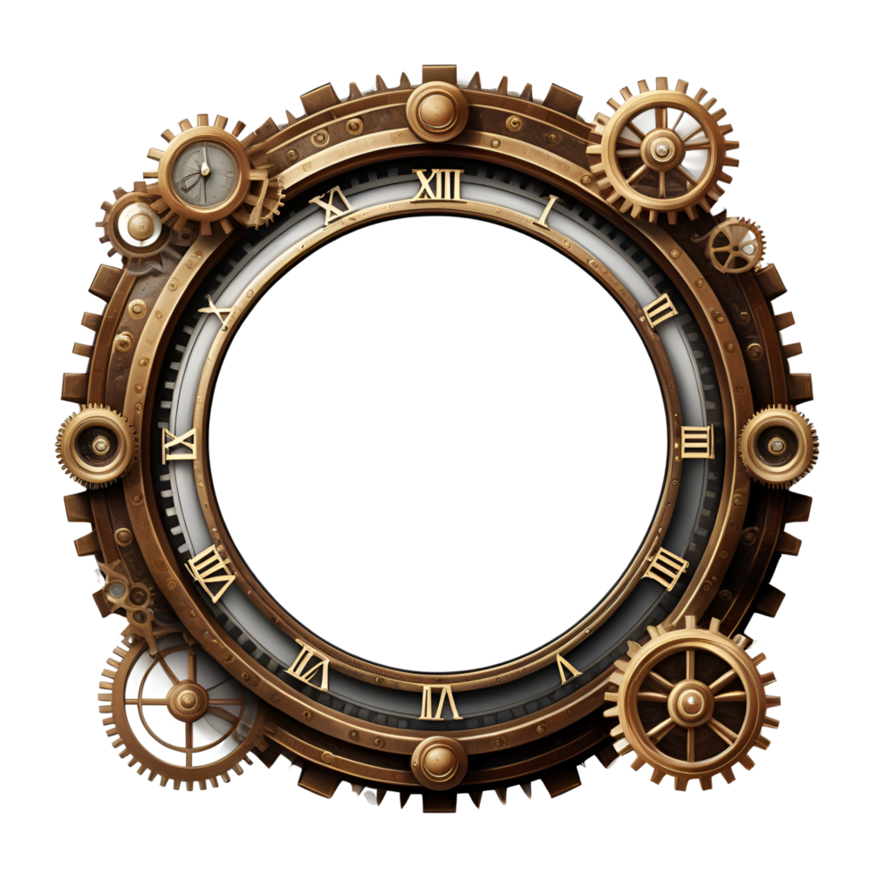 AI generated steampunk border clock style PNG transparent background