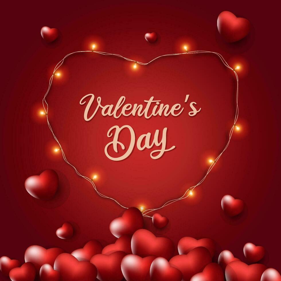 contento San Valentín día saludos, con decorativo luces en el forma de amar, oscuro rojo antecedentes vector