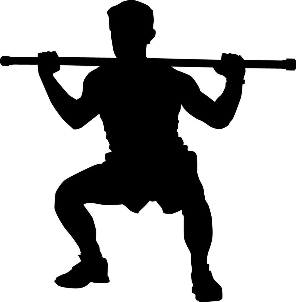 Silhouette of a man doing squats, illustration, vector on white background.