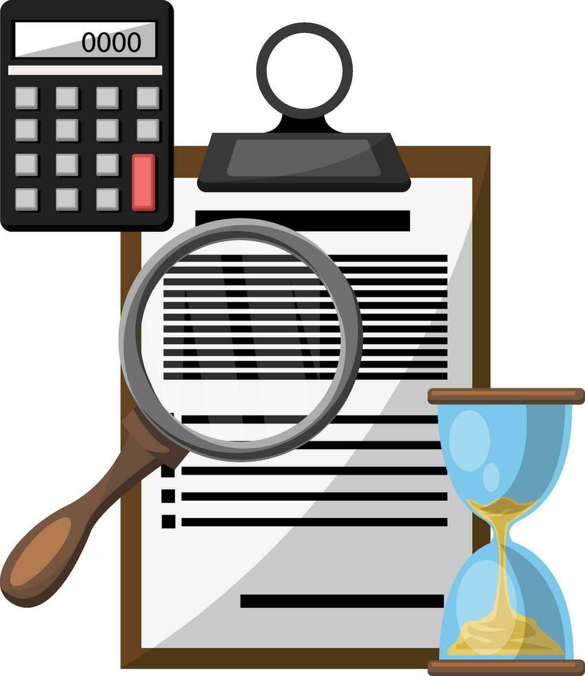 Looking through the magnifying glass on business costs calculating income print on white background vector illustration