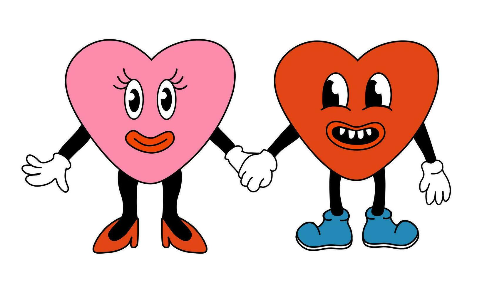 Retro 70s 60s 80s Hippie Groovy Valentine day lovely Hearts Characters. Girl and boy in love. Hold hand. Mascots in Funky trendy cartoon style. Vector flat illustration.