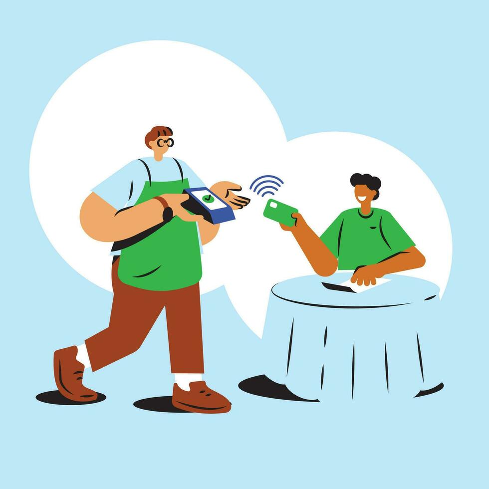 hispanic man payment with card in cafe illustration vector
