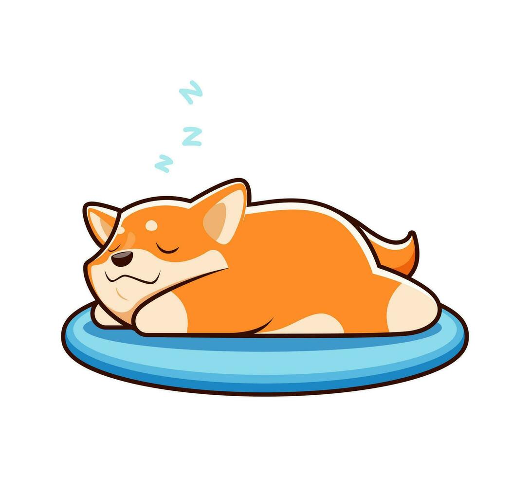 dibujos animados shiba inu perro dormido en cama, kawaii mascota vector