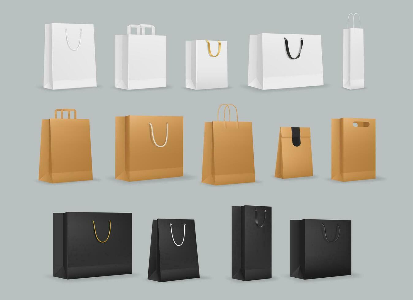 Paper shopping bags with handles vector mockups