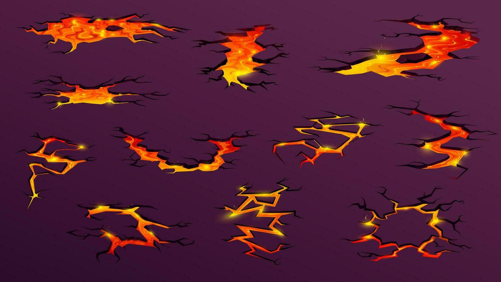 Volcano lava magma fire on ground cracks, cartoon vector