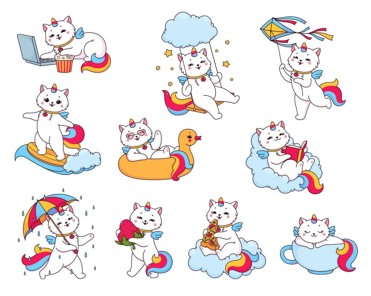 Cute cartoon caticorn character, funny cat unicorn vector