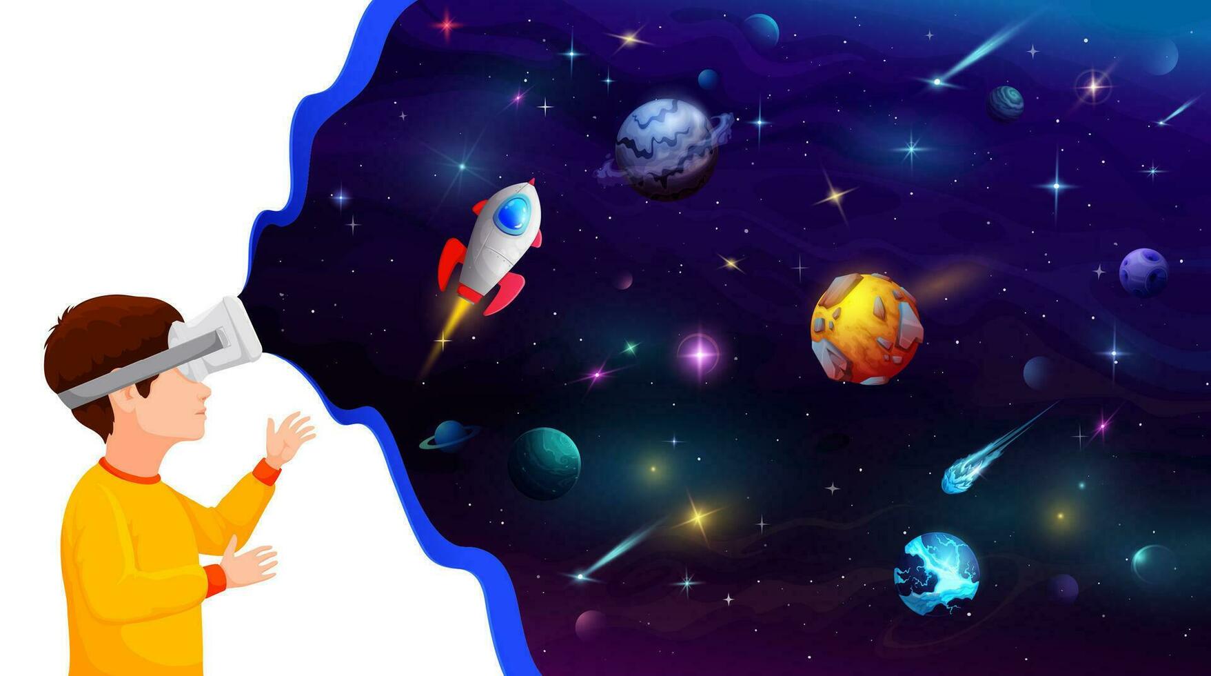 Boy kid in VR helmet dream of galaxy space flight vector