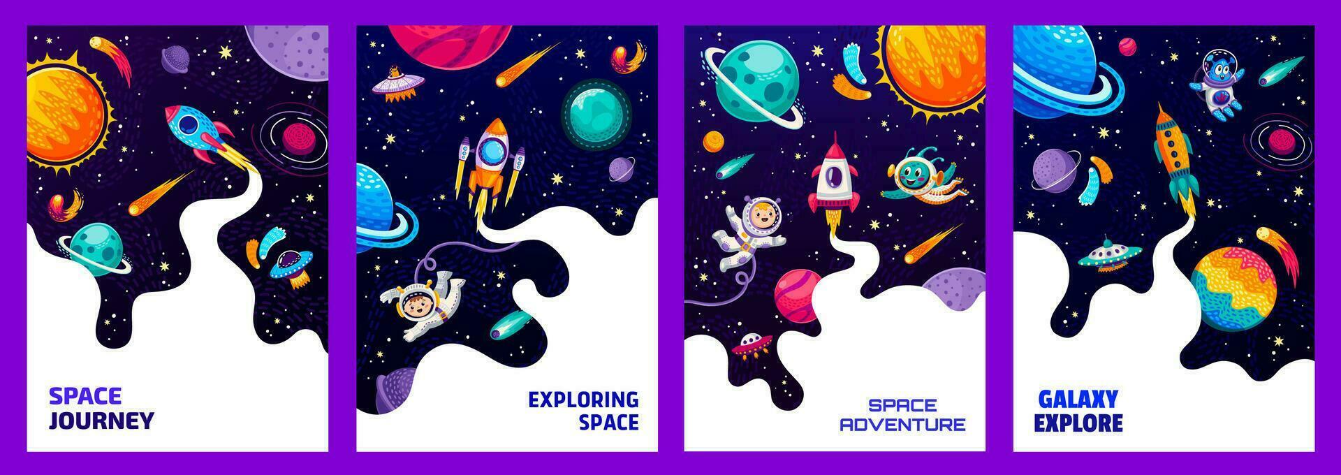 Space posters, flyers, cartoon astronauts, aliens vector