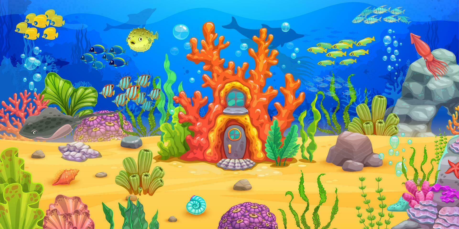 Ocean coral reef house, underwater game level vector