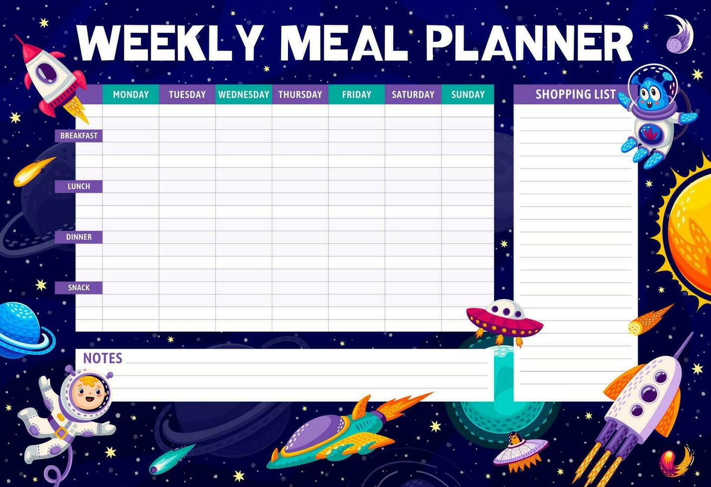 Space weekly meal planner with galaxy characters vector