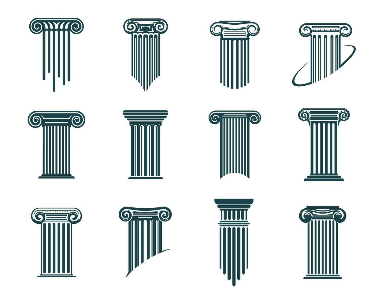 Ancient Greek column pillars icons, legal attorney vector