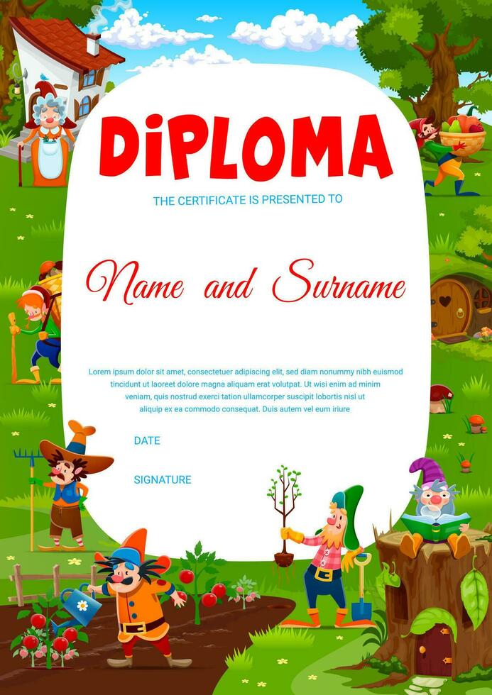 Kids diploma with cartoon fairytale funny gnomes vector