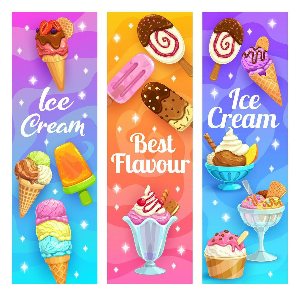 Cartoon sundae, ice cream on sticks and cones vector