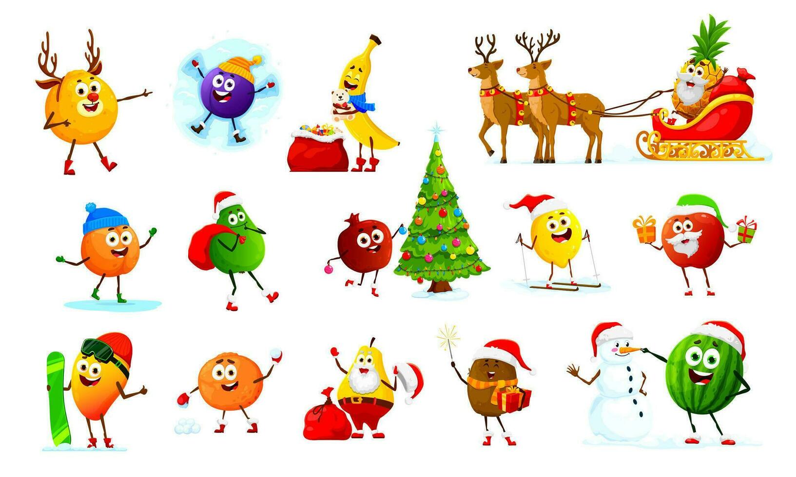 Navidad fiesta frutas caracteres, Navidad regalos vector