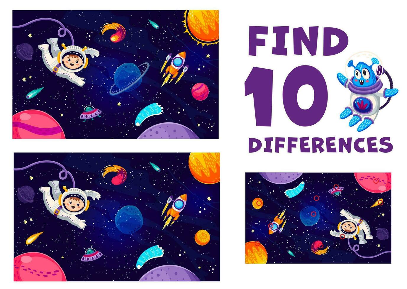 Find ten differences at space galaxy landscape vector