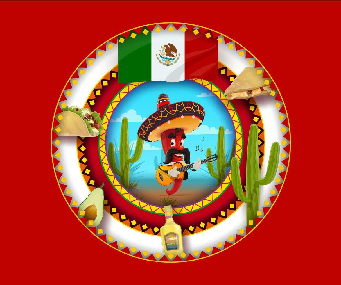 Mexican paper cut banner, mariachi pepper, flag vector