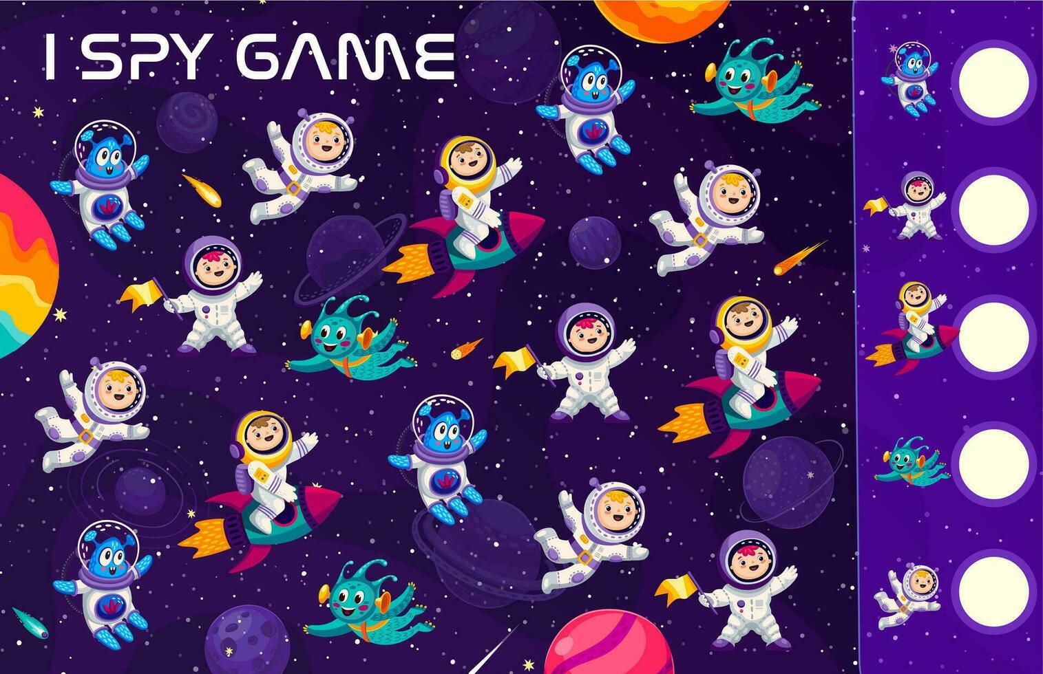 Find two same space objects, cartoon astronaut vector