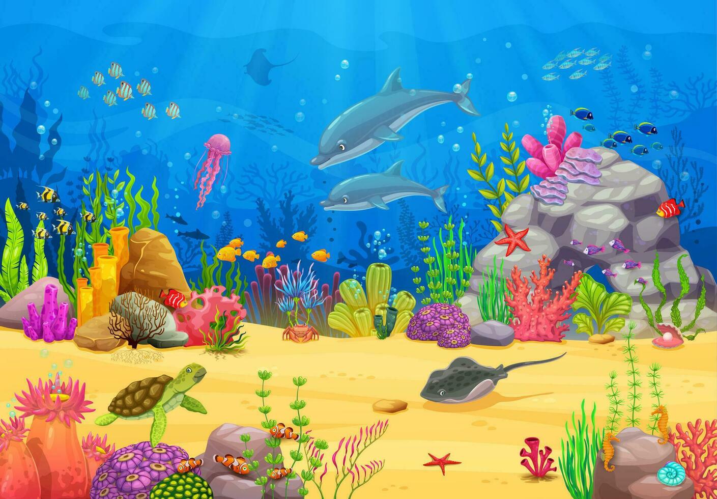 mar submarino paisaje, dibujos animados animales y pescado vector