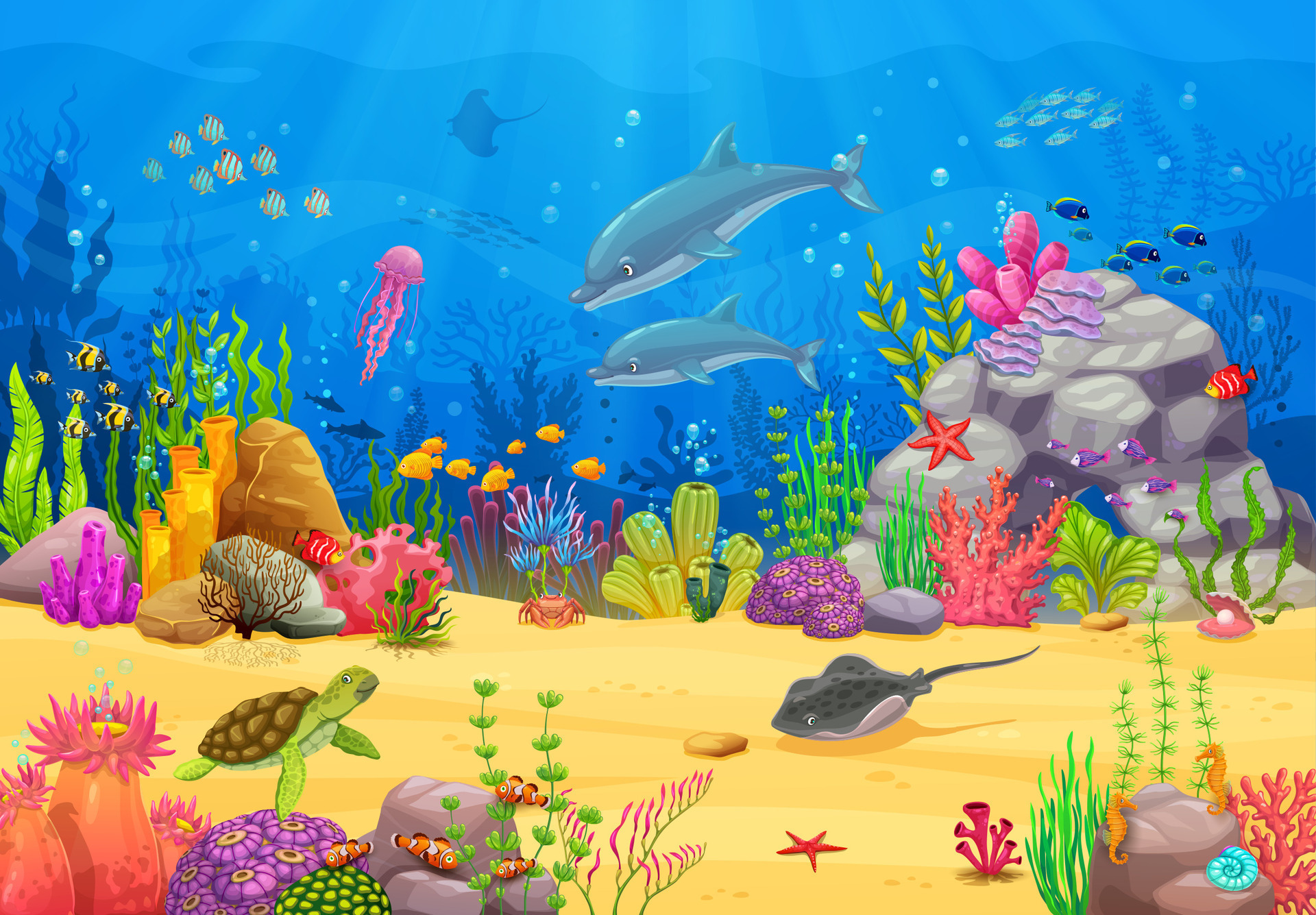 Sea underwater landscape, cartoon animals and fish 35389793 Vector Art ...