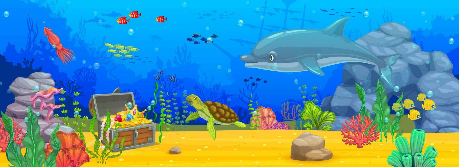 Underwater ocean landscape banner, cartoon dolphin vector