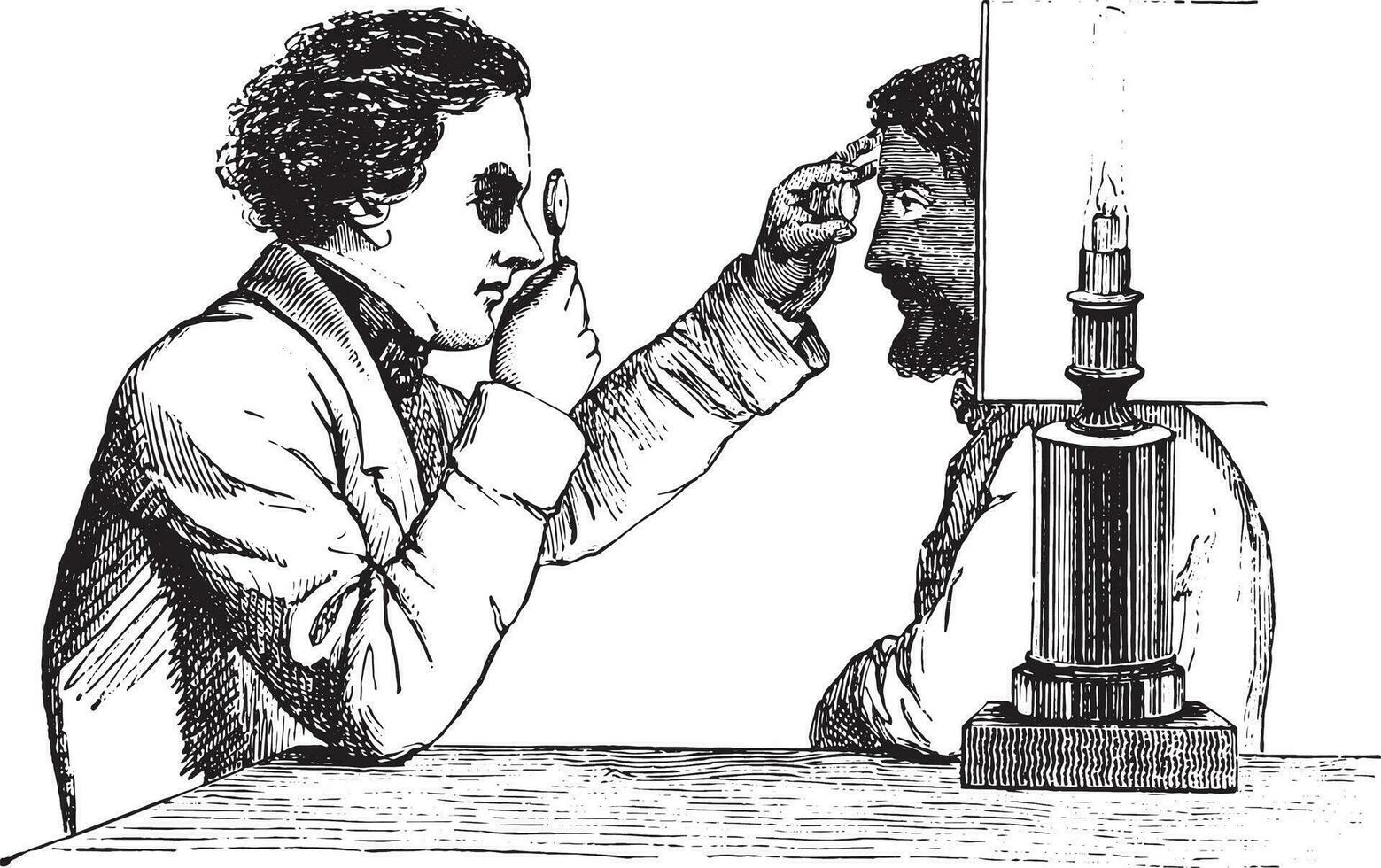 The merits of the eye, the image reversed, using a simple hand ophthalmoscope, vintage engraving. vector