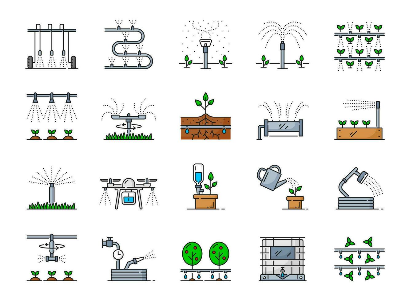 Drip water irrigation, drip watering outline icons vector