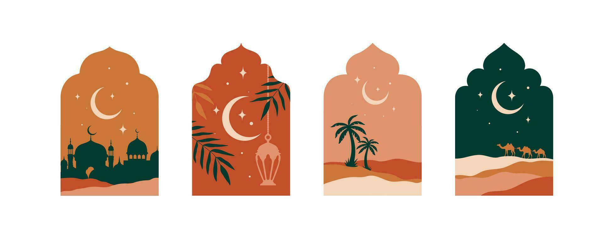 Mosque arch windows with arabic landscape, Ramadan vector