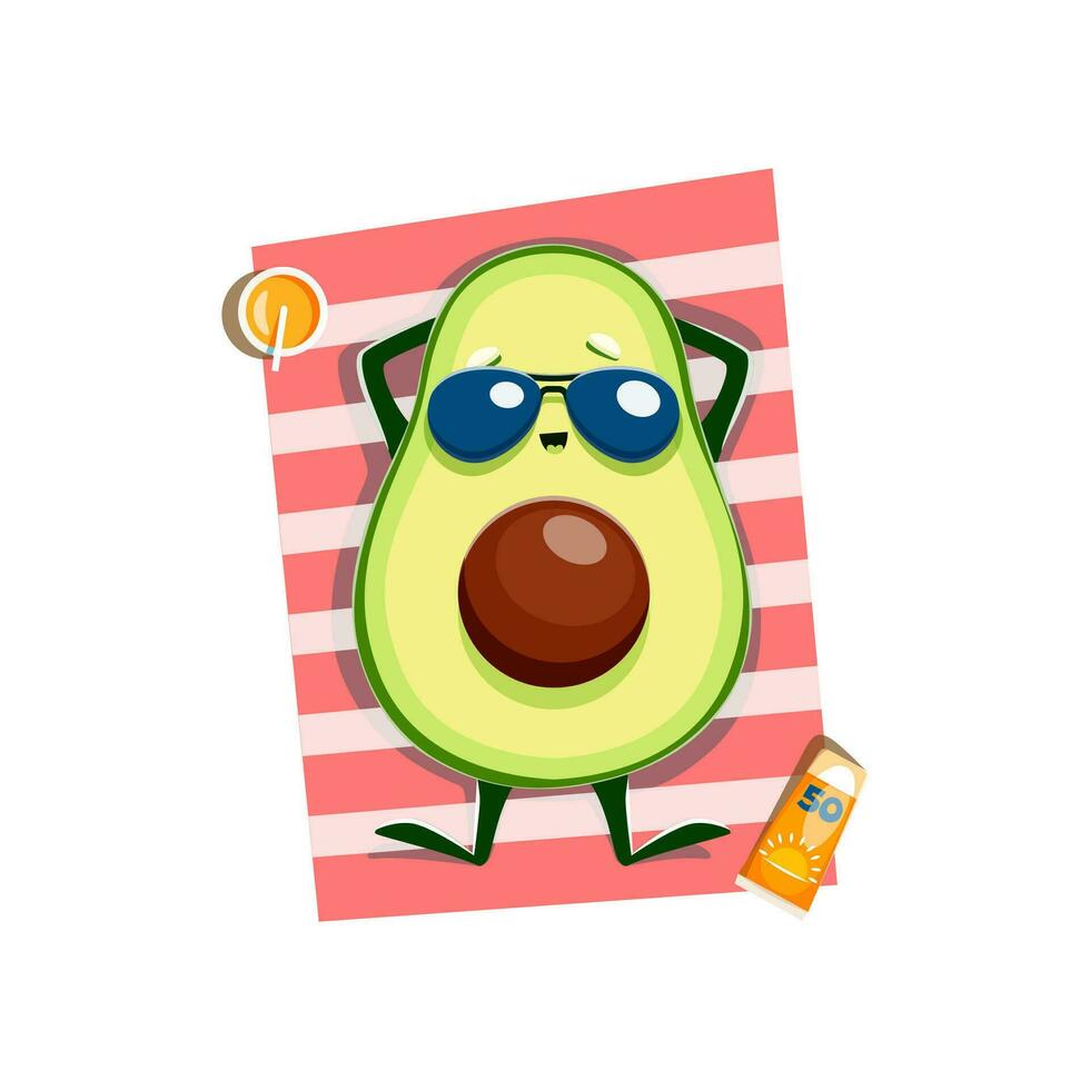 dibujos animados kawaii aguacate personaje en verano playa vector