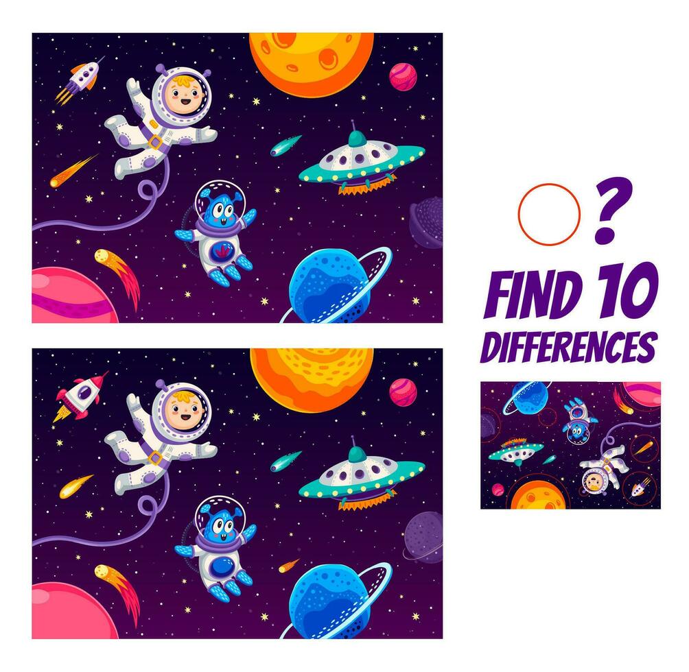 Find ten differences on space landscape kids game vector