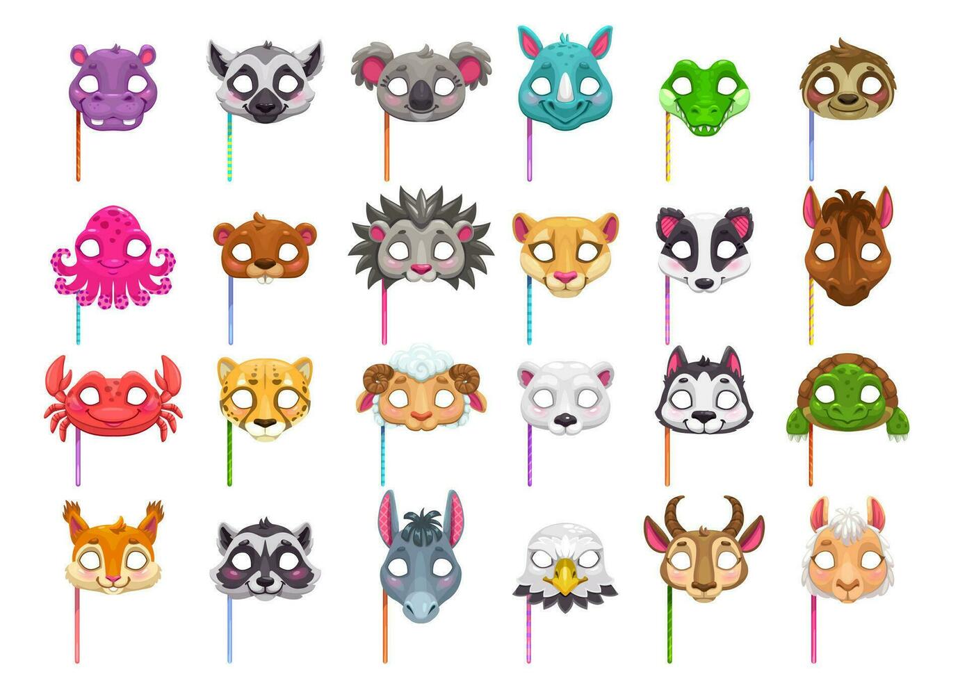 Cartoon animal carnival party masks vector set