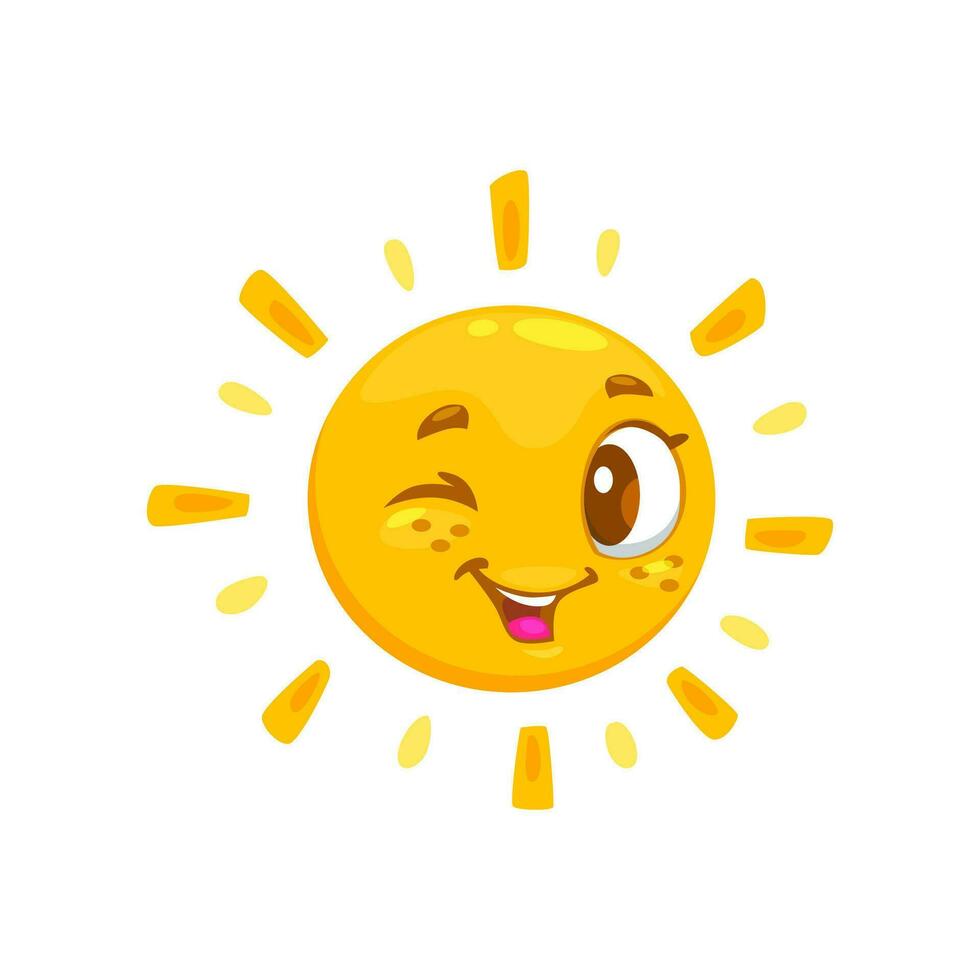 Cartoon smiling summer sun character, kawaii face vector