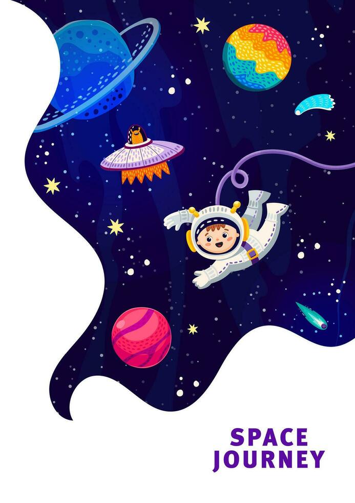Cartoon kid spaceman in outer space fly to planets vector