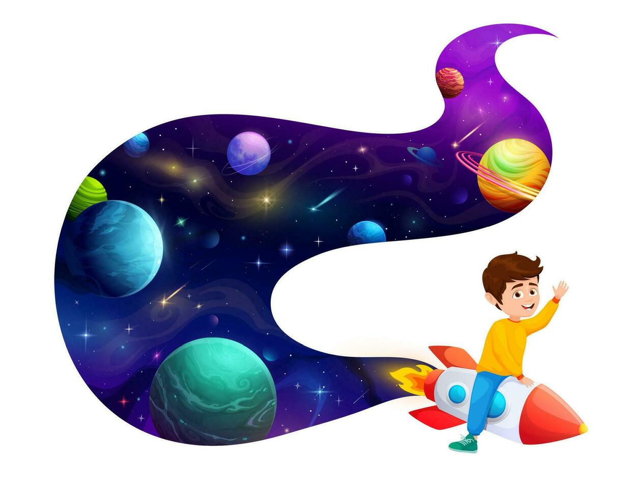 Cartoon cheerful kid boy flying on space rocket vector