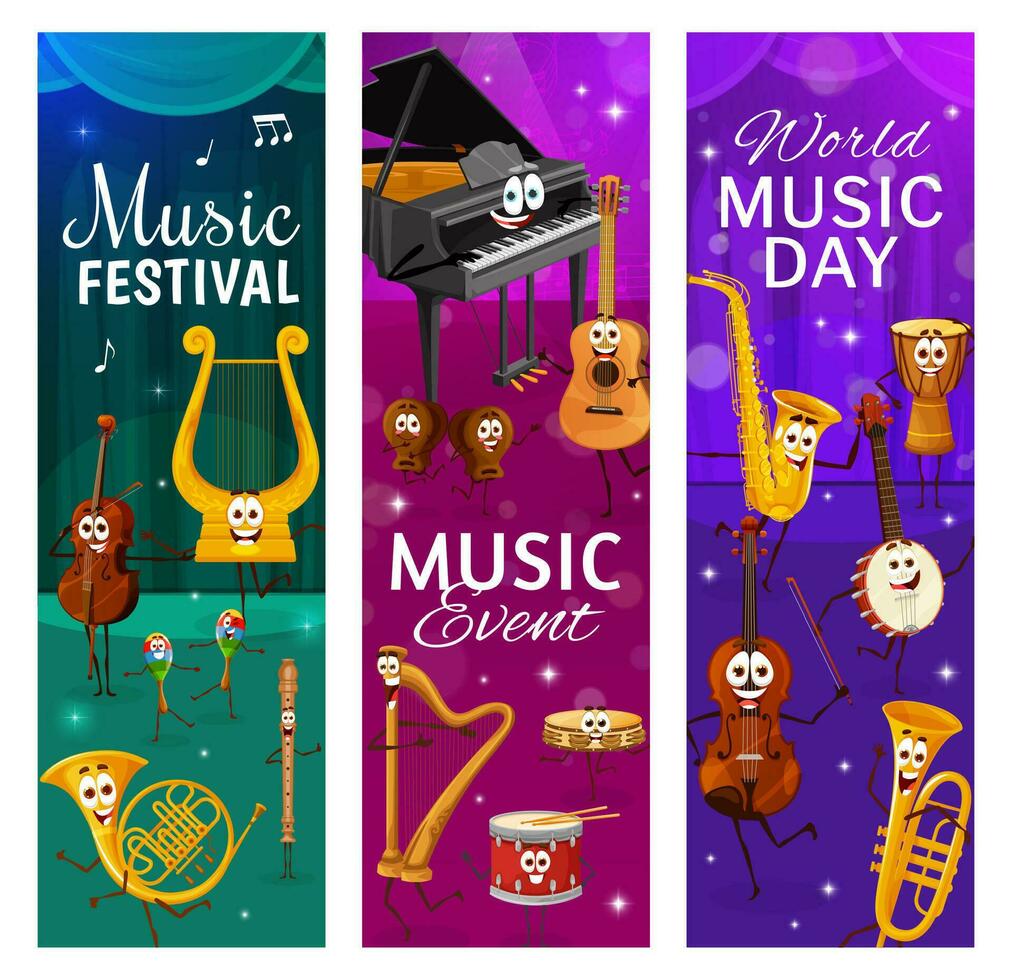 Cartoon musical instruments characters on stage vector