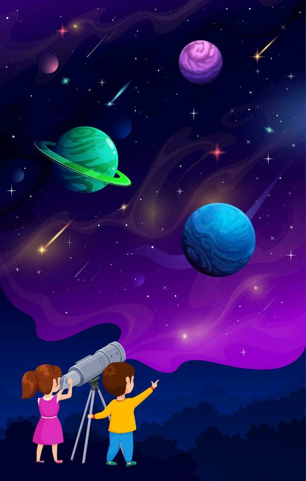 Boy and girl kids looking in telescope, night sky vector