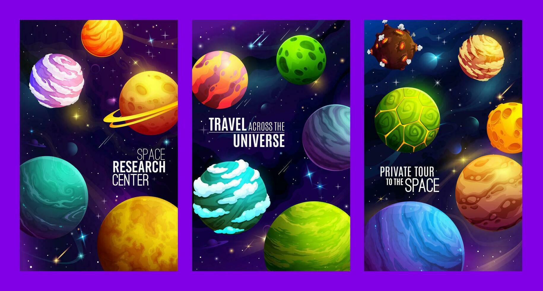 Cartoon outer space alien world planets posters vector