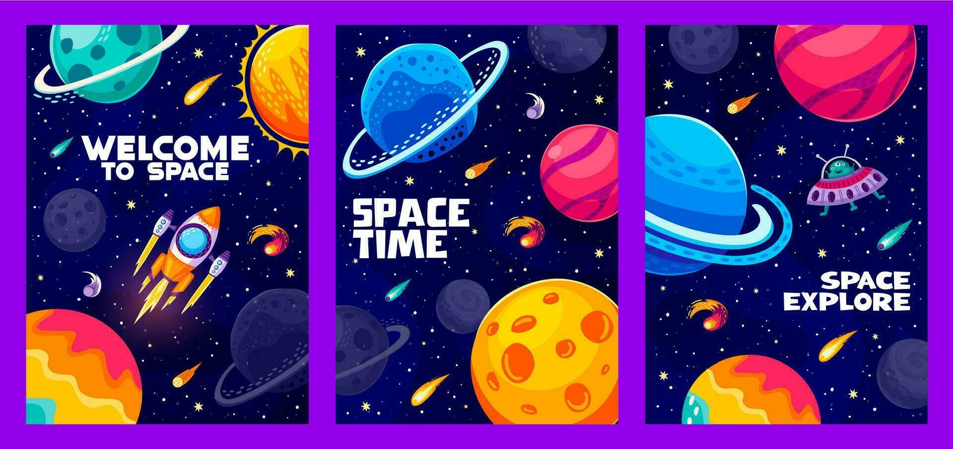 Cartoon space landscape posters, UFO, alien galaxy vector