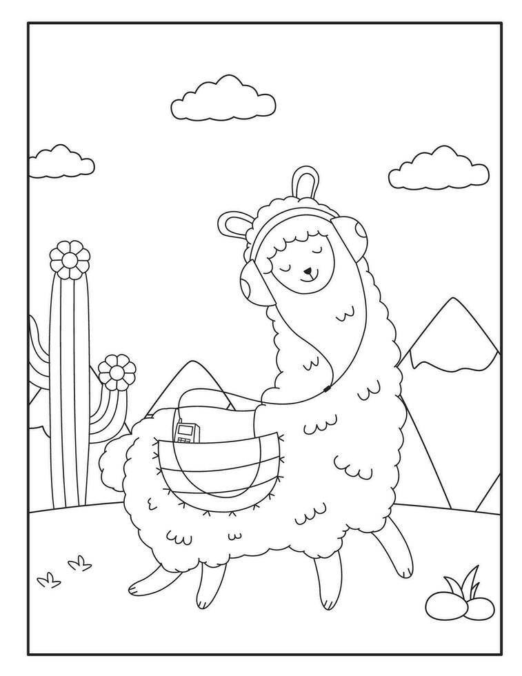 linda llama colorante paginas para niños vector