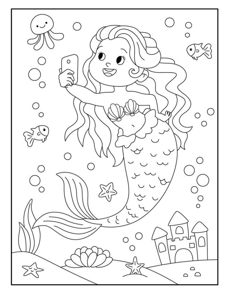 Mermaid coloring page for kids vector
