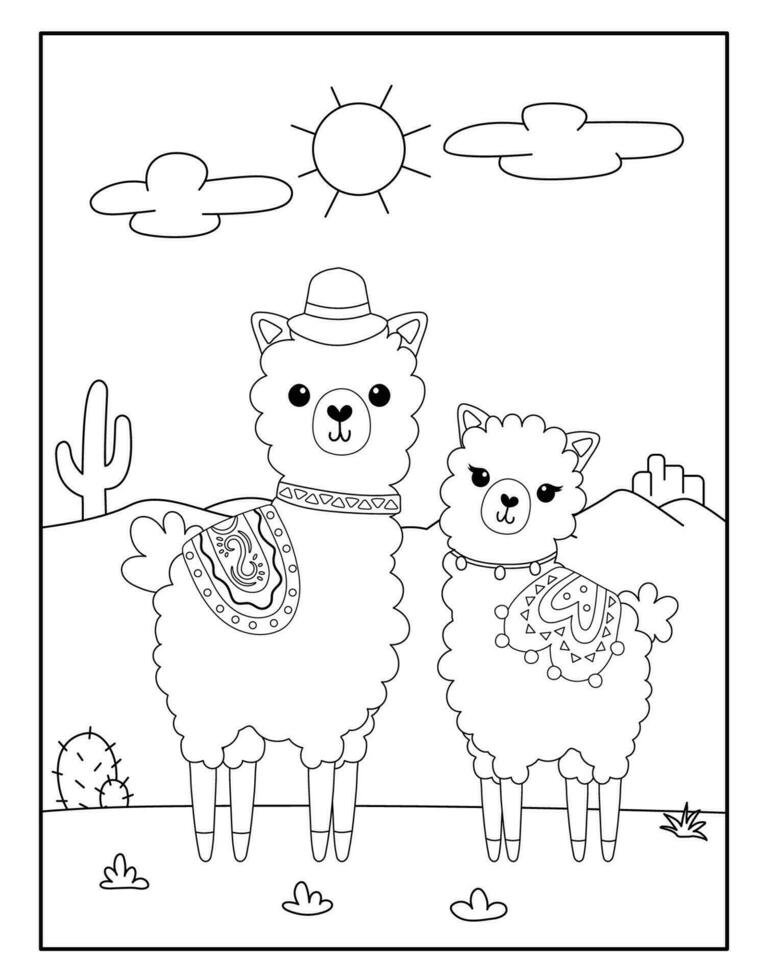 Cute llama coloring pages for children vector