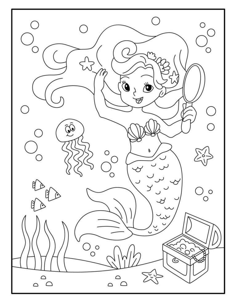 Mermaid coloring page for kids vector