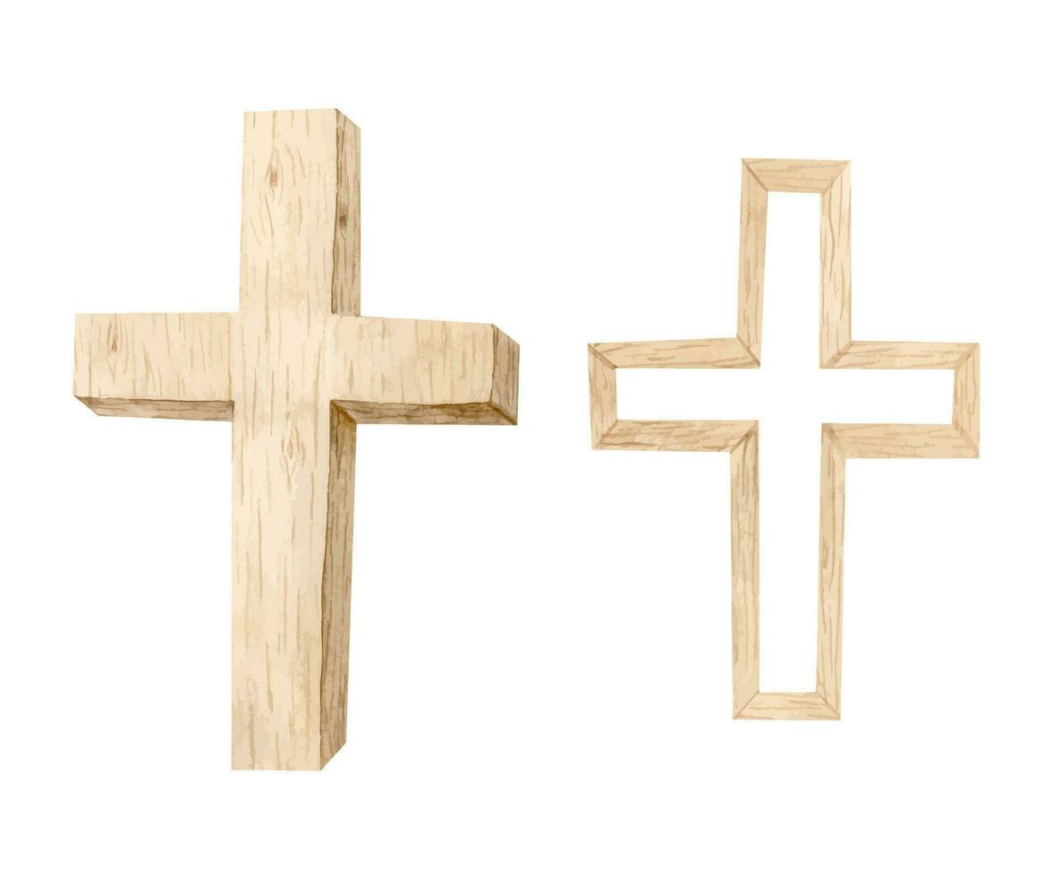 Watercolor Christian wooden cross, Baptism Cross, Wedding invitation, Holy Spirit, Religious illustration. Vector