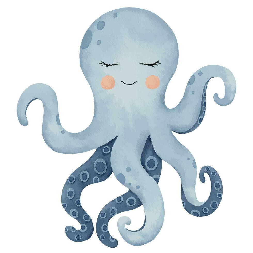Cute baby blue Octopus, sea poulpe, devilfish with tentacles. Hand drawn watercolor illustration. underwater animal for wall sticker, poster, children's book illustration, print vector