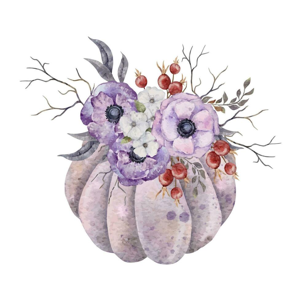 Watercolor Boho Anemone flowers, leaves, branches in pumpkin Halloween design. Witch Illustration Vector For card, invitation and more