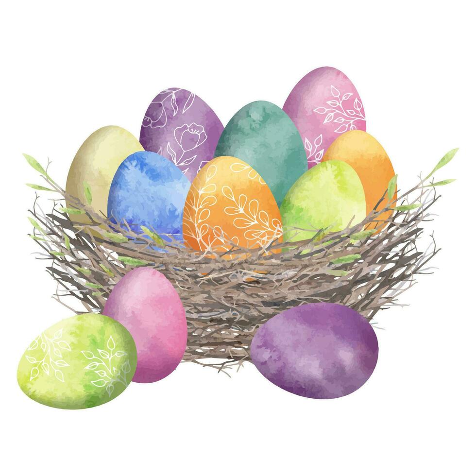 vistoso Pascua de Resurrección huevos en nido. primavera acuarela ilustración. floral de colores Pascua de Resurrección huevos. vector
